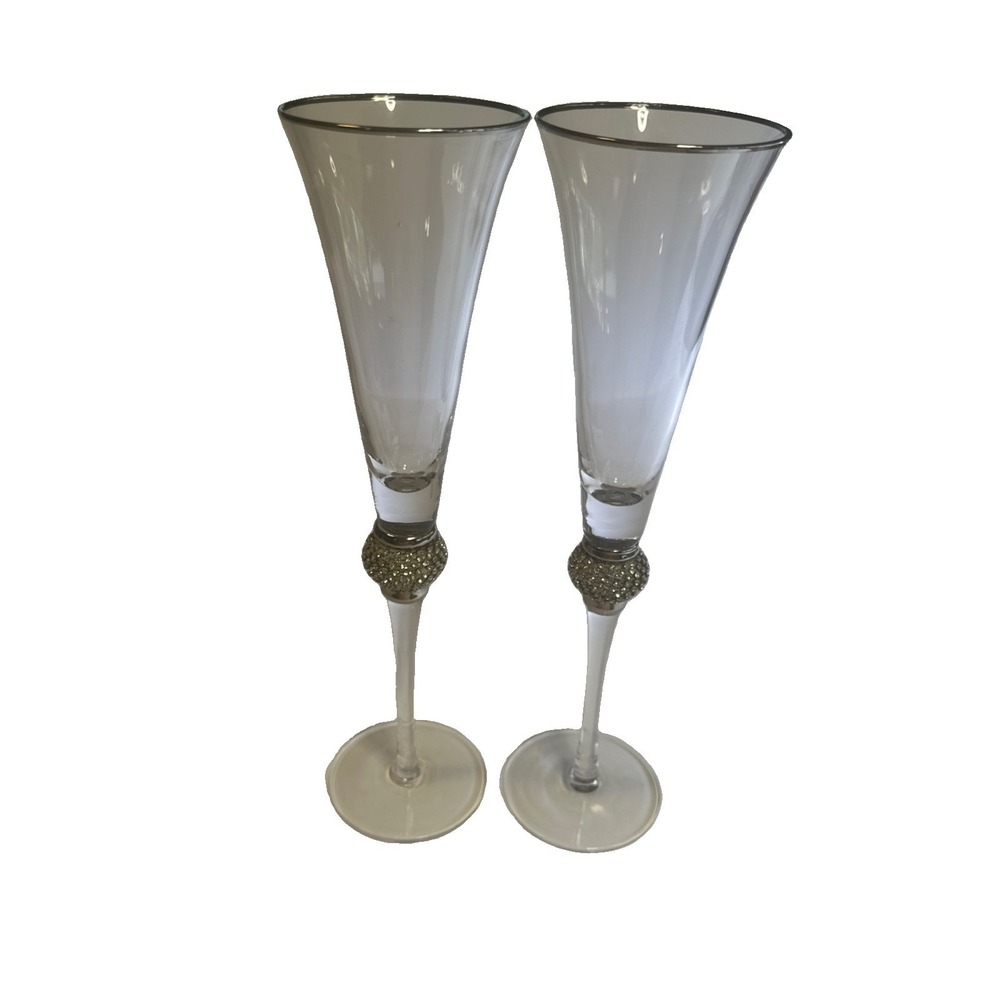 Vintageโ Pair of Long Stemmed Rhinestone Champagne Toasting Flutes 11"